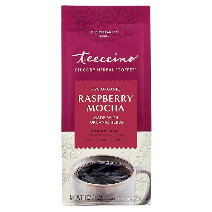 Teeccino Raspberry Mocha Chicory Coffee Alternative - Ground Herbal Coffee That’s Prebiotic, Caffeine Free & Acid Free, Dark Roast, 11 Ounce