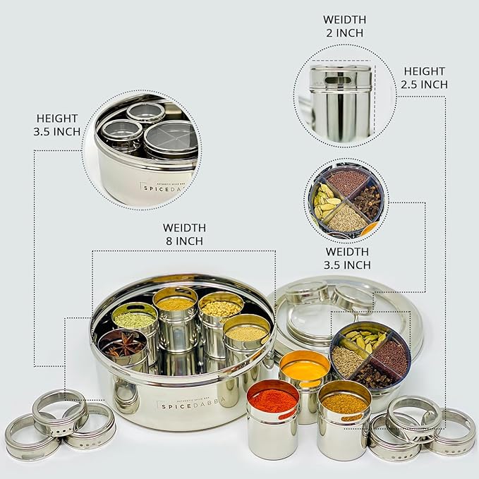 spice dabba Stainless Steel Indian Spice Box,Steel Masala Dabba 12 Spices,Lid Spice Box,Authentic Spices,Masala Box with Individual containers|Size 9 x 9 x 3 IN 3 LB (Indian Spice Box with Spices)