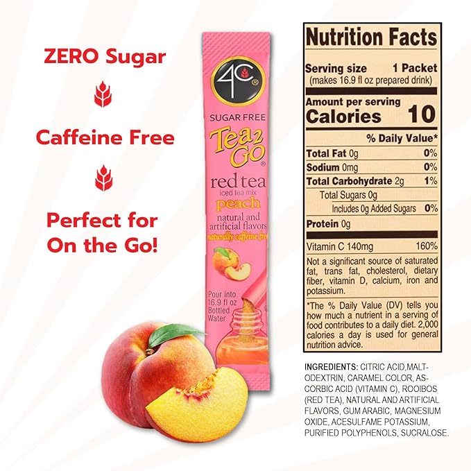 4C Powder Drink Stix, Red Tea Peach 500 Count, Bulk Buy, Singles Stix, On the Go, Refreshing Water Flavorings, Value Pack