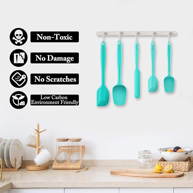 HOTEC 600℉ Heat Resistant BPA-Free Silicone Rubber Spatula Set,Kitchen Cooking Spatulas, Baking, Mixing for Non Stick Cookware, Dishwasher Safe, Set of 5 Aqua Sky