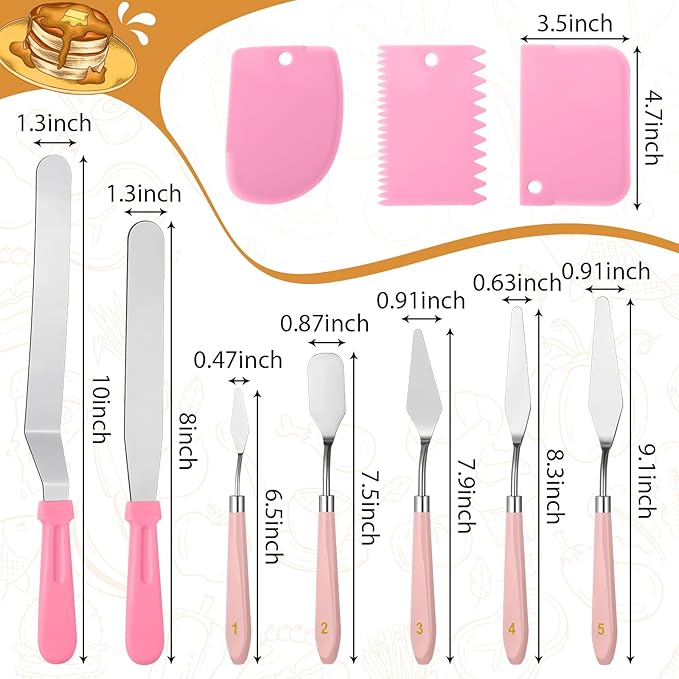 10 Pcs cake spatula set Decorating Kit Baking Supply Accessories Tools for Beginners and Pros Includes 2 Frosting Straight Angled Spatula 3 Icing Smoother Scrapers 5 Pieces Cream tools(Pink)