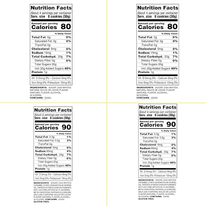 4 Pack Krunchy Melts Original Meringue Cookies | Caramel Delight 4-Pack | 2 Dulce de Leche, 2 Salted Caramel | Only 80-90 Calories Per Serving | Low Fat/Fat Free, Gluten Free, Dairy Free (4 Oz)