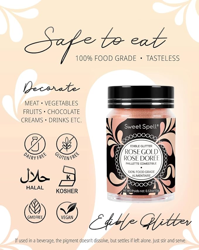 Sweet Spell Edible Glitter (15g) - Shimmer Sparkles for Drinks, Cakes, Cocktails - 100% Edible & Food Grade Glitter, Vegan, Gluten-Free (Rose Gold)