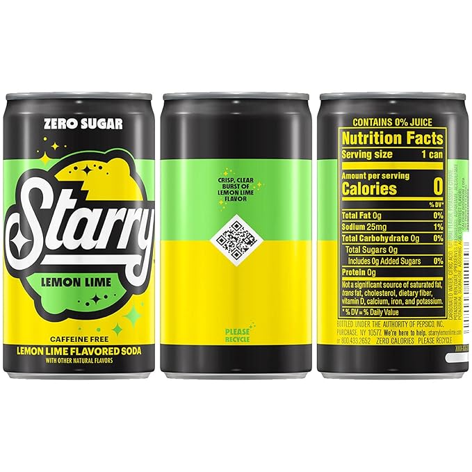Starry Zero Sugar Lemon Lime Soda, Caffeine Free, Mini Cans, 7.5 Ounce (Two packs of 10)