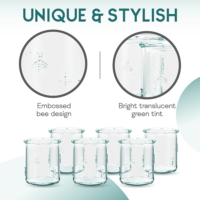 Amici Home Regina DOF Glass | 12 Oz | Italian Made, Recycled Green Glass | Drinking Glass with Embossed Bee Design for Water, Juice, Iced Tea, Cocktails (Set of 6)