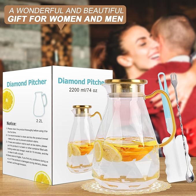 Yirilan Glass Pitcher,74oz/2.2 Liter Water Pitcher with Lid,Beverage Serveware,Iced Tea Pitcher,Water Carafe Handle,Heat Resistant Borosilicate Jug（with Mixing Spoon and Cup Brush）