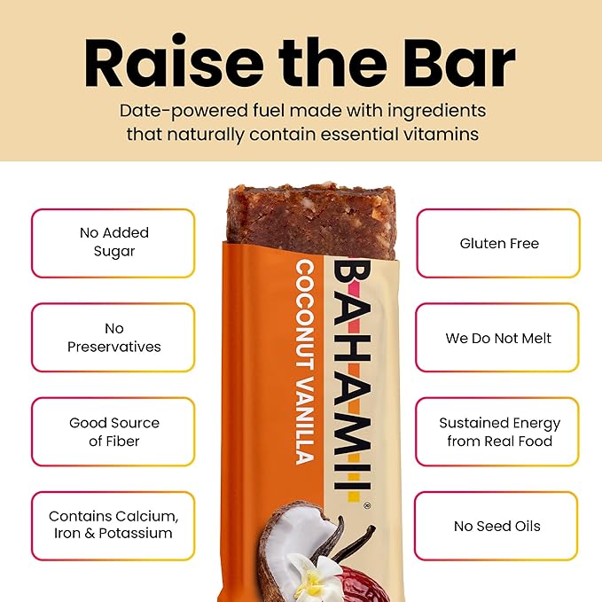 Bahamii Snack Bars, Made with Dates & Nuts, Healthy Snacks, Gluten Free, Good Source of Fiber, Only 6 Ingredients, For Kids & Adults, No Added Sugar, Vegan, 12 Pack, Coconut Vanilla