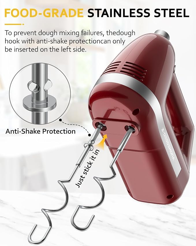 Electric Hand Mixer, Powerful 300W Hand Mixer Electric Handheld with 304 Beaters, Dough Hook, Hand Held Mixer with Turbo for Baking Cakes, Eggs, Cream Food(Red)