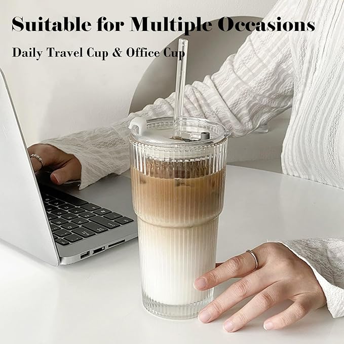 2 Pack Iced Coffee Cup with Lids, 20oz Clear Glass Tumbler with Straw & Lid, Ribbed Glassware Cups, Dishwasher Safe Drinking Glasses, Stylish Glass Cups for Coffee, Juice, Tea, Matcha