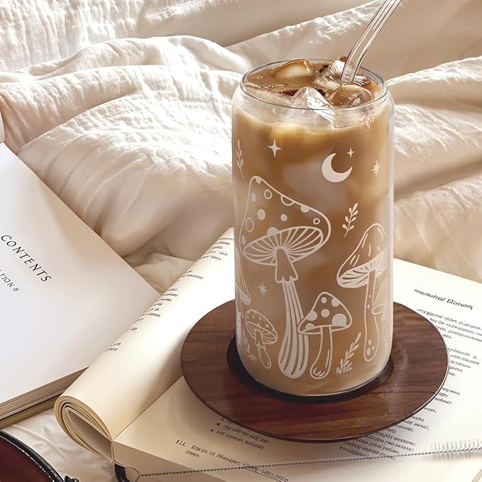 Mushroom 16oz Can Glass Tumbler with Acrylic Lid & Straw, Iced Coffee Cup for Women, Aesthetic Cups Gifts for Birthday Christmas