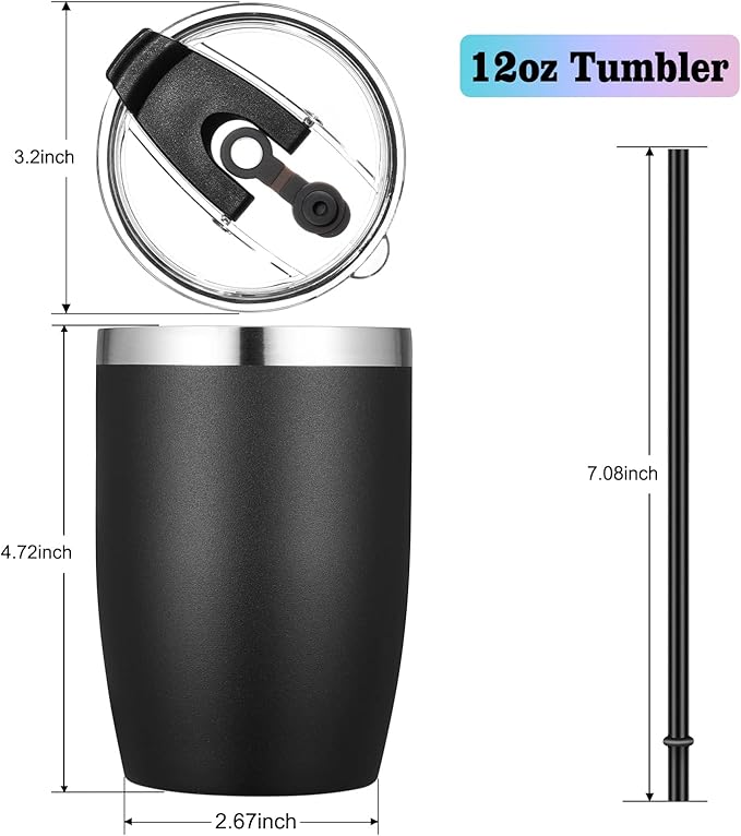 VEGOND Stainless Steel 12 oz Tumblers bulk Vacuum Insulated Double Wall Travel Tumbler with Lid and Straw Reusable Tumbler,Black 12 pack