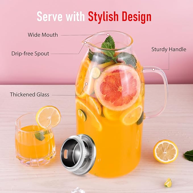 Glass Pitcher, veecom 105 Oz Large Glass Water Pitcher with Handle and Lid, Pitchers for Drinks, Iced Tea Pitcher for Fridge, Lemonade Juice Jugs