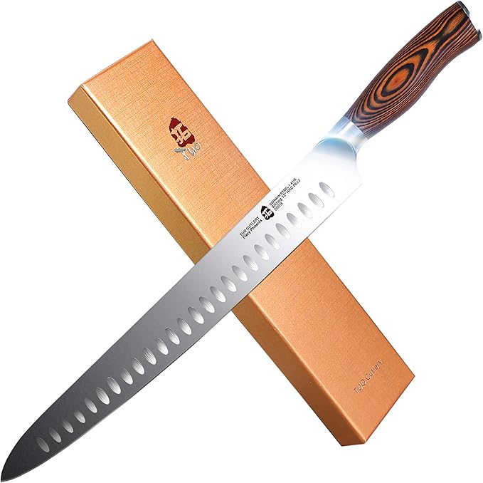 TUO Slicing Knife, 12 inch Granton Carving Knives Hollow Ground for Meat Cutting, Kitchen Long Slicer & Carver, German Stainless Steel Pakkawood Handle, Gift Box Included - Fiery Series