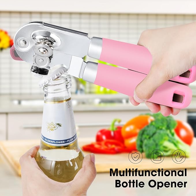 Beneno Can Opener Manual with Magnet, Hand Held Heavy Duty Can Opener with Durable Sharp Blade Smooth Edge, Big Effort-Saving Knob, Soft Grip Rubber Handle, Multifunctional Bottle Opener, Pink