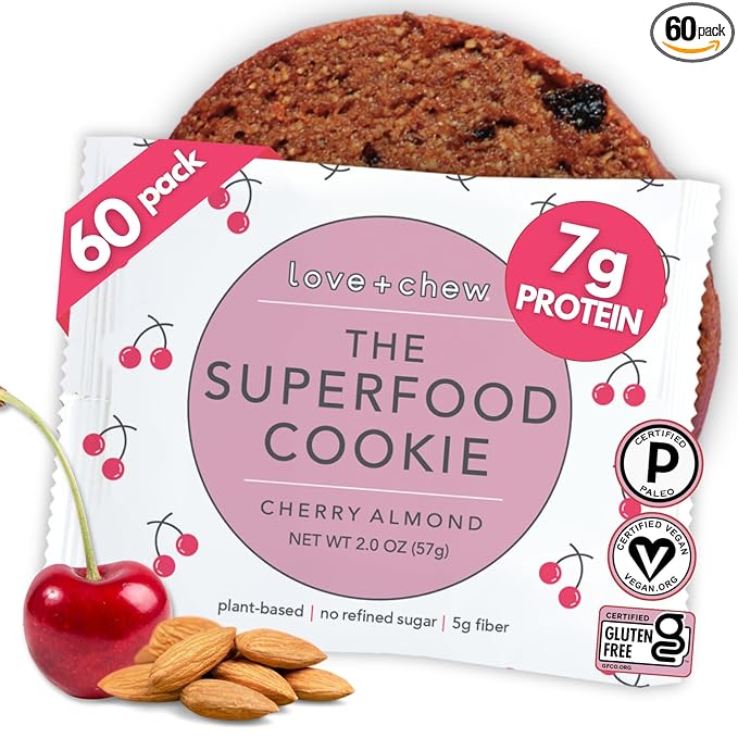 Love + Chew Superfood Soft Baked Cookies, Cherry Almond Flavor, Plant Based Cookie Made With Chia Seeds, Almonds & Cherries for Kids and Adults, Vegan Snacks, Gluten Free, Paleo, Non GMO, 60 Pack