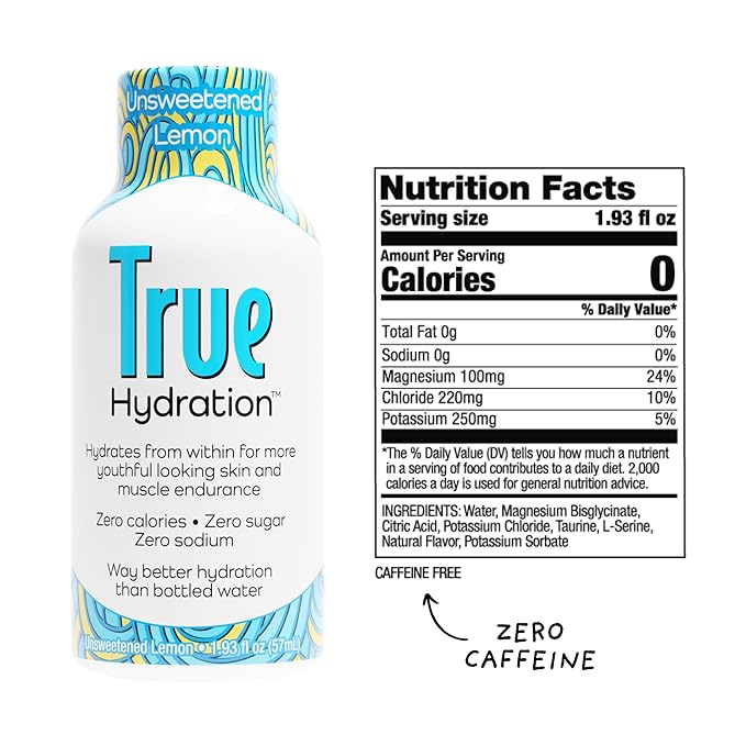 True Hydration Shots Unsweetened Lemon Flavor – 12 Pack of 1.93 fl oz Shots – Electrolytes – Amino Acids – Zero Sugar – Zero Sodium – Vegan – Gluten-Free Hydration