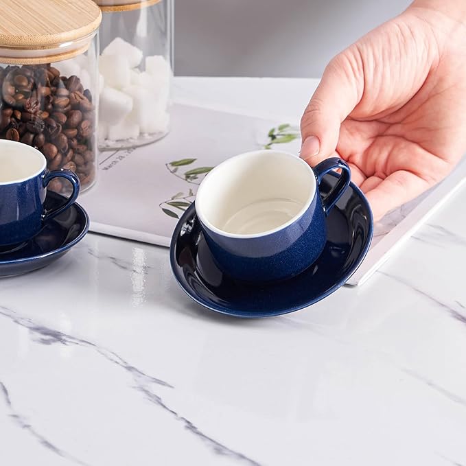 YOLIFE 2.5oz Porcelain Stackable Espresso Cups with Saucers and Metal Stand Set of 4, Stackable Cappuccino Cups, Blue Expresso Shots Cup Set for Coffee Drinks, Latte, Tea