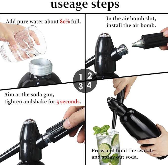 1L Portable Home Soda Maker – Aluminum Soda Siphon, Vintage Seltzer Bottle for DIY Homemade Carbonated Drinks, Sparkling Water Maker for Healthy Soda Water & Cocktails (Black)