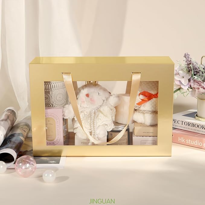 Large Gold Clear Gift Box, 13.5x9x4.1 Inches Gift Box with Window by Handle, Bridesmaid Proposal Box, Collapsible Gift Box with Magnetic Closure (Glossy Gold, 1 Pack)