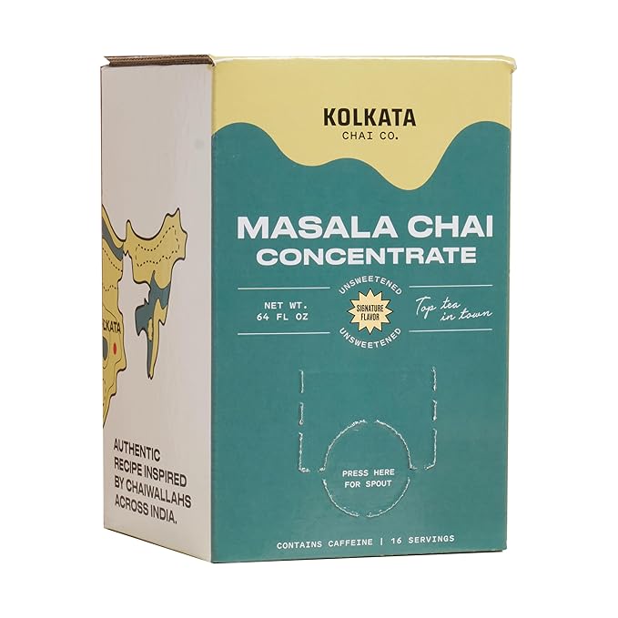 Kolkata Chai - Sugar Free Masala Chai Concentrate for Chai Tea Latte, 64oz Microbrewed Premium Organic Black Tea and Spices, Unsweetened/Zero sugar, Vegan, All Natural, Makes 16 servings