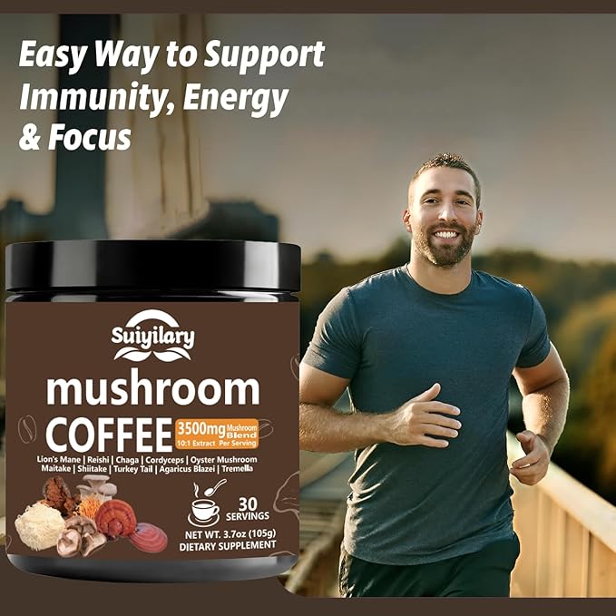 10 Mushroom Coffee with Arabica w, Lion's Mane, Reishi, Mushroom Polysaccharides & More, 3500mg(10:1) Extract Instant Mushrooms Powder for Focus, Immunity Boost, Memory & Clarity - 30 Servings