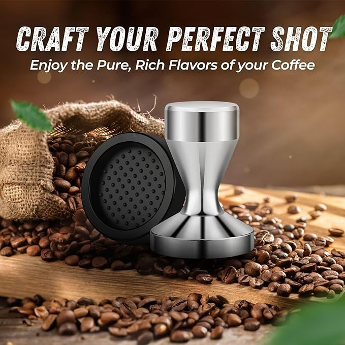 Flexzion Coffee Tamper 58mm Espresso Tamper Tool, Stainless Steel Barista-Quality Hand Press Espresso Maker with Ergonomic Silver Handle for Home and Professional Use