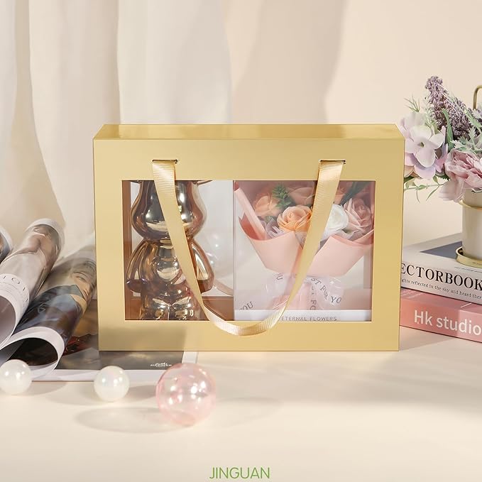 JINGUAN 5 Gold Gift Boxes with Windows, Gift Boxes with Lids and Handles, Clear Magnetic Gift Boxes for Presents, Bridesmaid Proposal Boxes (10.5x7.5x3 Inches