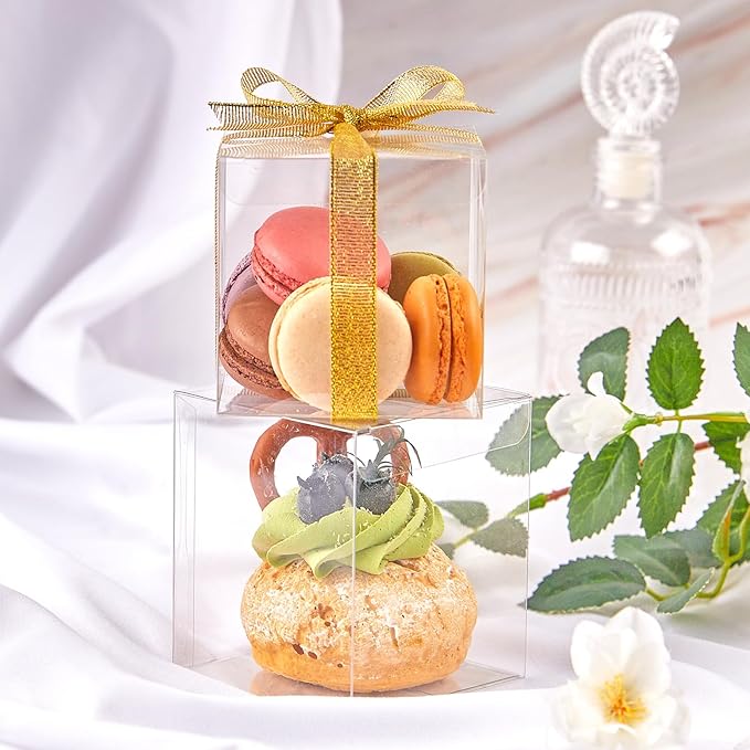 JOERSH 3x3x3 Inches Clear Favor Boxes for with Gold Gift Ribbons 30 PCS Transparent Plastic 3 Inch Mini Cube Gift Packaging Box for Party favors, Treats and Minigifts