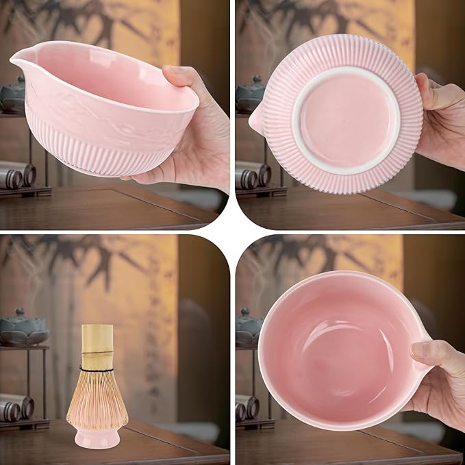 PHILORN Matcha Whisk Set 9Pcs Ceramic Matcha Kit Matcha Bowl with Spout, Whisk, Holder, Bamboo Scoop, Scoop Rest, Sifter and Tea Towe for Matcha Lover and Tea Ceremony (Pink)