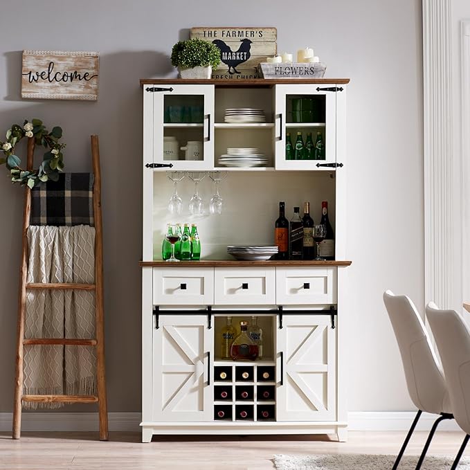 AMERLIFE 72" Coffee Wine Bar Cabinet with Sliding Barn Door, Farmhouse Kitchen Sideboard, Buffet Storage Table, 3 Drawers, LED Lights, Tall Hutch Home Bar for Dining Room, White