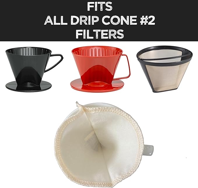 (2-Pack) Reusable Organic Cotton Cone #2 Coffee Filter — Cloth Filters for Coffee Dripper, Pour Over Coffee Dripper & Coffee Makers that Use 2-6 Cup Cone Coffee Filters