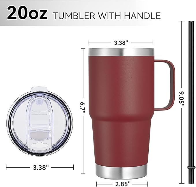 VEGOND 20 oz Tumbler Bulk with Handle Lid and Straw, Stainless Steel Insulated Travel Coffee Mug Set, Spill Proof Double Wall Metal Tumblers Cups, Wine Red 12 Pack
