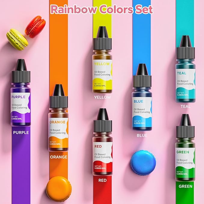 Oil Based Food Coloring for Chocolate Rainbow Oil Edible Food Dye Set for Baking Royal Icing Cookie Supplies Gluten Free 7x6ml Food Grade Food Color Kit, 0.25 Fl. Oz/Bottles