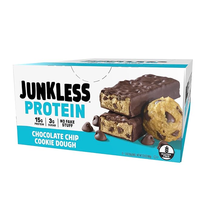 JUNKLESS Protein Bars - Chocolate Chip Cookie Dough - 15g Protein, No Added Sugar, Gluten Free, High Fiber, Delicious Taste and Texture, Satisfying, Healthy Snack for Energy - 12 Bars