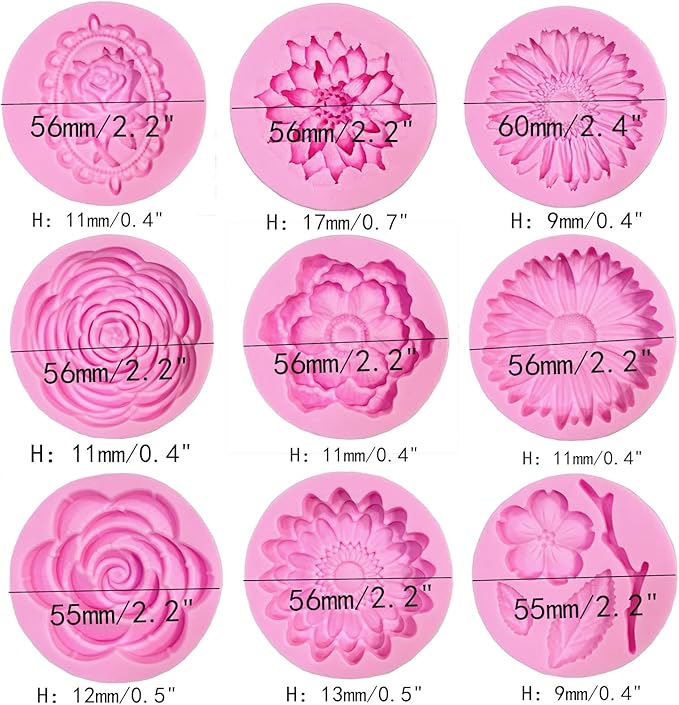 9 Pcs Flowers Fondant Molds Silicone Molds for Cupcake Dessert Chocolate Jelly Cookie Decor, Jewelry, Pastry, Chocolate,Handmade Soap Mould Candy Making