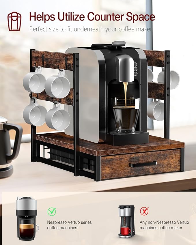 Coffee Pod Holder, Vertuo Pod Holder Compatible with Nespresso, 28 Large or 56 Small Nespresso Capsule Organizer Drawer Station with Cup Rack, Rustic Brown