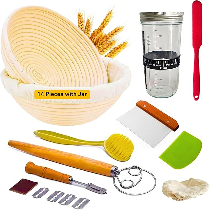 Sourdough Bread Proofing Basket Set – 9 inch Round Oval Banneton Baskets with Bread Lame, Dough Whisk, Scraper & Liners – Bread Making Kit & Sourdough Starter Supplies
