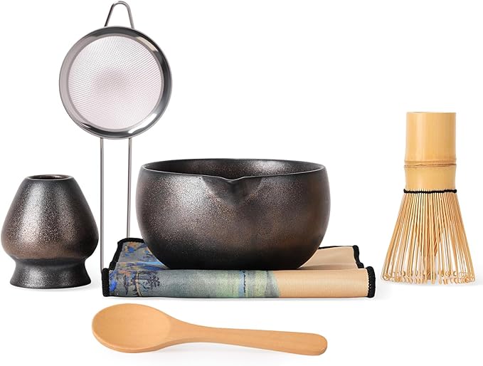Japanese Matcha Whisk Set - 6-Piece Kit with Bamboo Chasen, Matcha Ceramic Bowl with Spout, Stainless Steel Sifter Gold Black