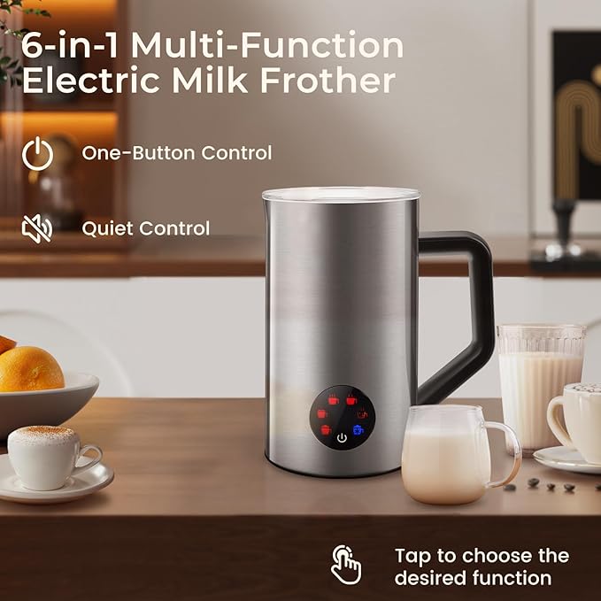 MAISON HUIS 6-IN-1 Milk Frother Steamer 550Watts, 20 oz Electric Stainless Steel, Hot and Cold Milk Frother for Latte, Macchiato, Cappuccino and Hot Chocolate
