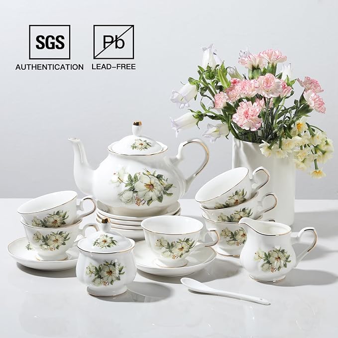 Sweejar Porcelain Tea Sets, Vintage British Floral Relief Gold Rimmed Teapot Cup and Saucer Set, Tea Set Service for 6, with Teapot, Sugar Bowl, Milk Jug, Spoons, Tea Cup and Saucer (Camellia)