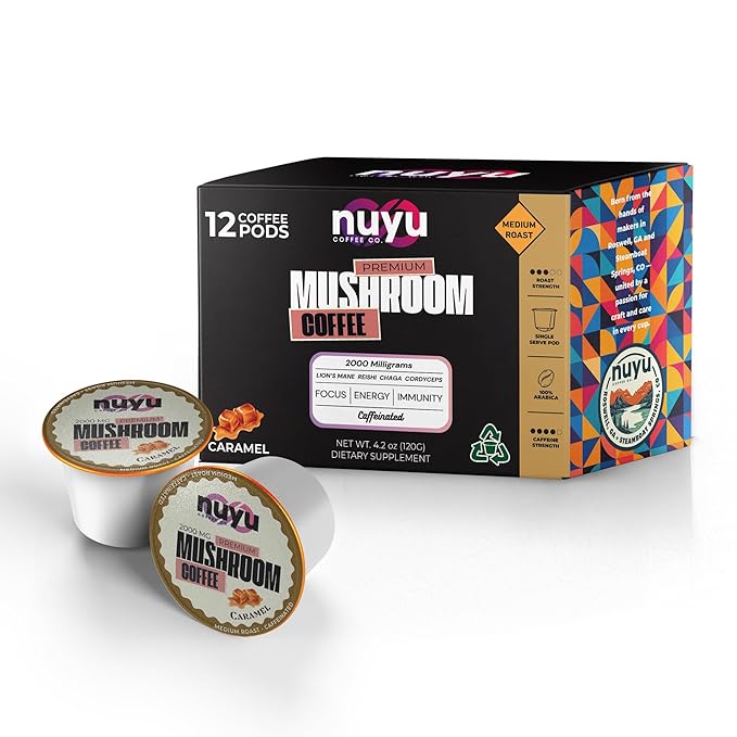 Nuyu Mushroom Coffee Pods, Caramel, K-Cups, 100% Medium Roast Arabica Coffee with Lion's Mane, Reishi, Chaga, Cordyceps, 2000mg per Pod (12, Caramel)