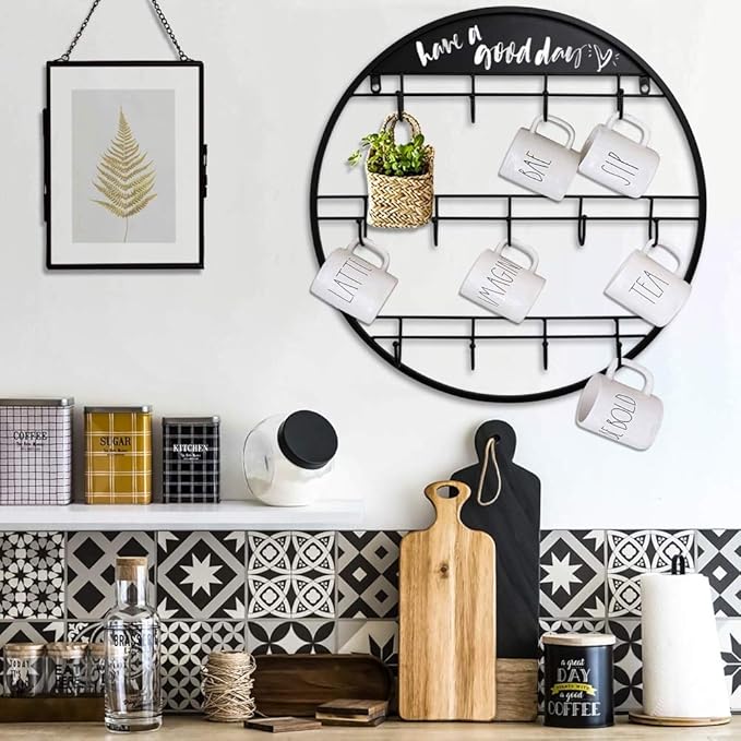 AJART Coffee Bar Decor Mug Holder: 22" Round Square Coffee Cup Rack for Home Kitchen Office Dining Room Cafe Bar
