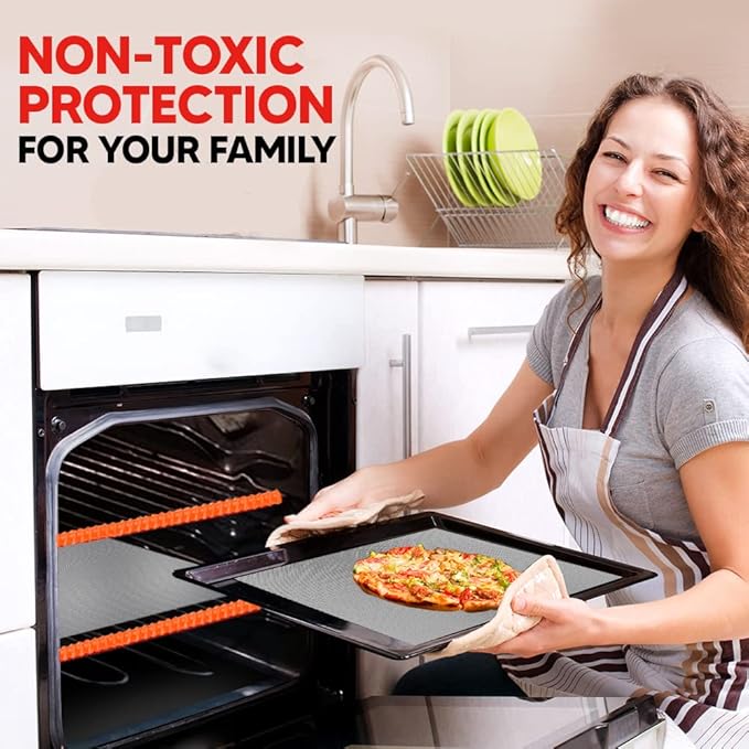 Oven Liners for Bottom of Oven Silver (2-pack) Bundled with Rack Shield (2-pack) - Large Mat for Bottom of Stove (17"x 25") and 14" Orange Range Guards for Racks - Reusable & Heat Resistant