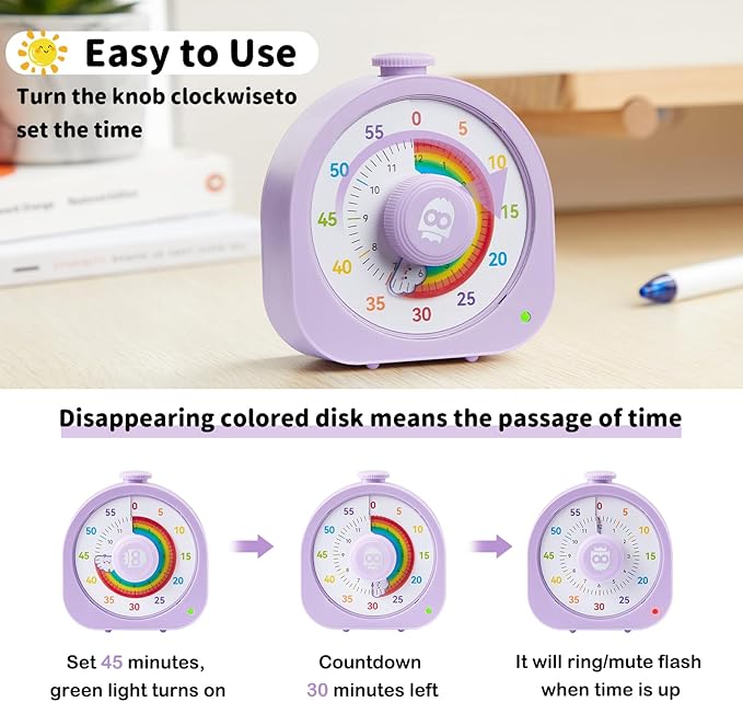 Visual Timer – Rainbow Magnetic Timer for Classroom, 60min/12h Rechargeable Countdown Timers, Silent Pomodoro Timers for Kids & Adults with ADHD