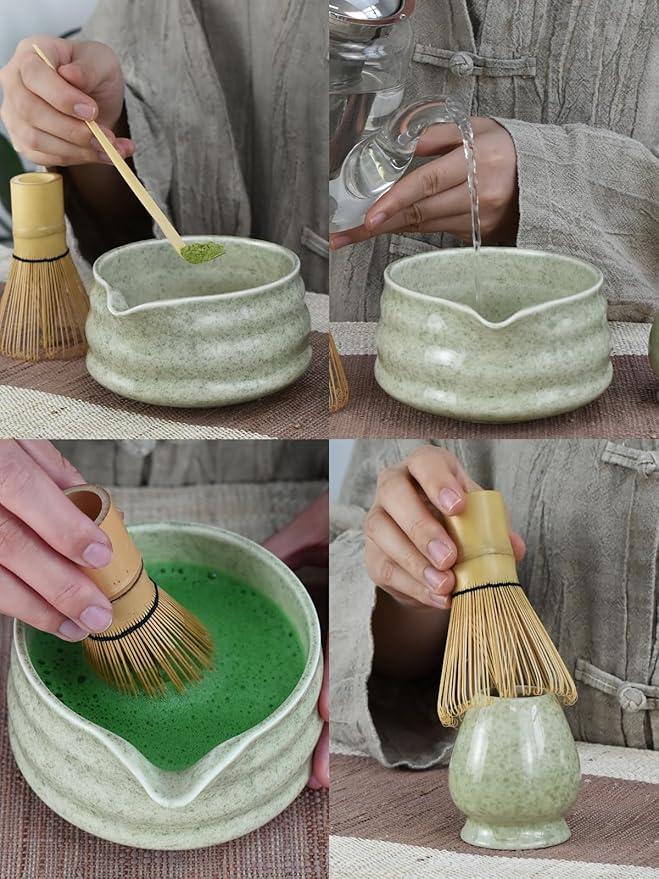Artcome Matcha Bowl Set with Pouring Spout – Ceramic Chawan, Bamboo Whisk, Whisk Holder, Tea Scoop, and Matcha Manual – Traditional Japanese Tea Set