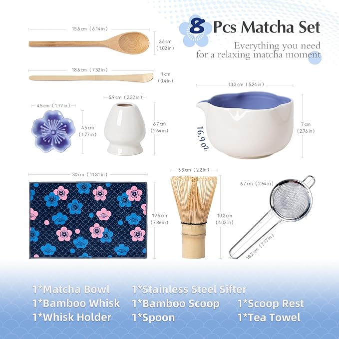 Matcha Set, 8Pcs Floral Ceramic Matcha Set with Matcha Whisk, Holder, Scoop, Scoop Rest, Sifter, Spoon and Tea Towel - Thoughtful Matcha Whisk Set Gift for Matcha Lovers (Beige & Blue)