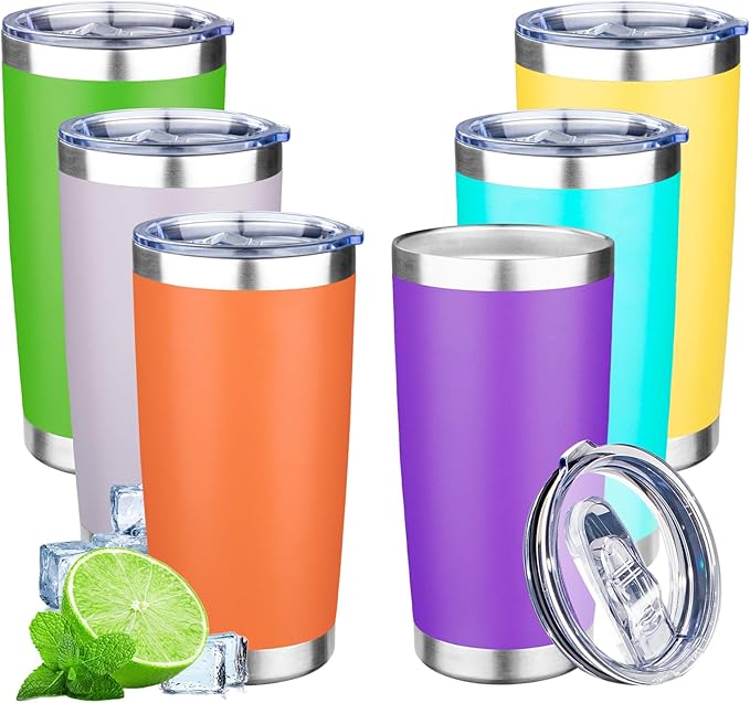 20oz Tumbler with Lid Double Wall Vacuum Insulated Travel Coffee Mug Stainless Steel Thermal Cup Powder Coated Sturdy Coffee Tumbler Bulk for Hot and Cold Beverages (Multicolor-1,6)