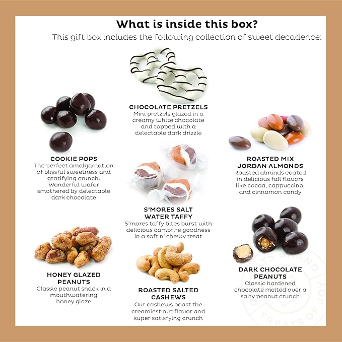 Oh! Nuts Chocolate Covered Pretzels and Nuts Gift Basket - 7 Section Gourmet Assorted Chocolates Gifts Baskets - Healthy Chocolate Round Metal Tin Box for Birthday, Holiday, Corporate, Family, Men & Women