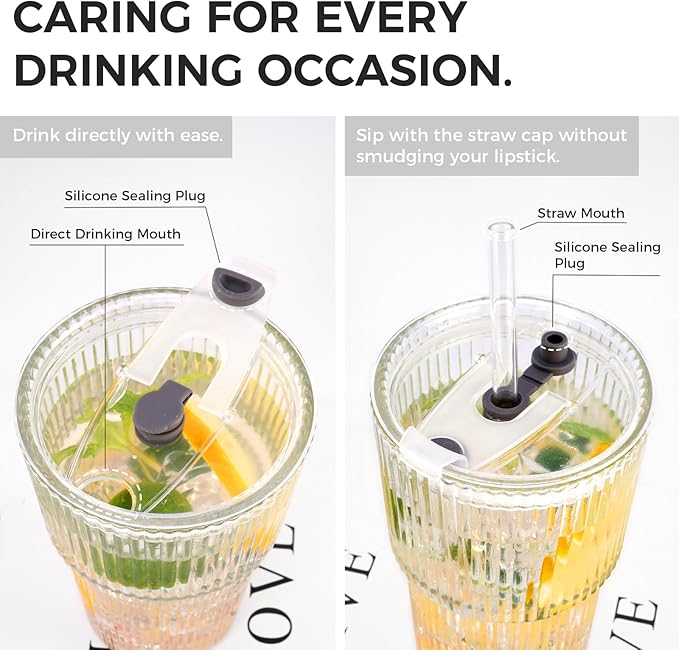 4PCS 20oz Glass Cups with Lids and Straws, Iced Coffee Cups with Lids, Stylish Ribbed Thick Drinking Glasses Tumbler for Juice, Smoothies, Cold Beverages, Cute Cup Gifts with Clean Brush