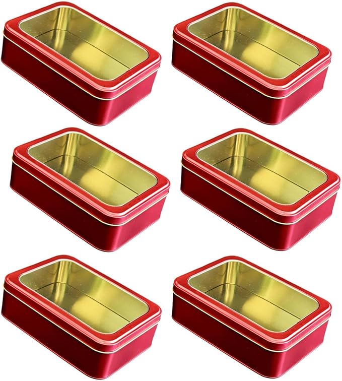 6 Pack Red Rectangular Metal Tin with Clear Lid – Gift Box for Cookies, Candy, Crafts & Storage – Perfect For Gifting, Festive Decor & Party Favor